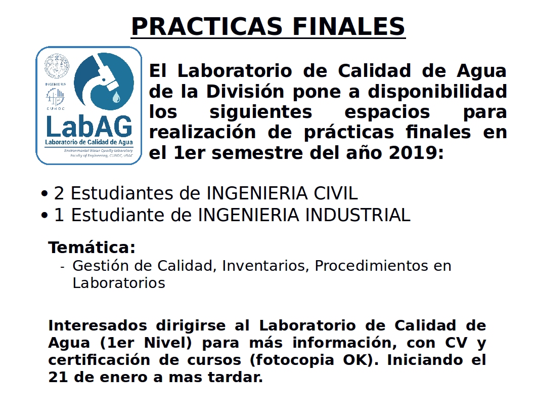 Prácticas finales en Laboratorio de calidad de agua de la División