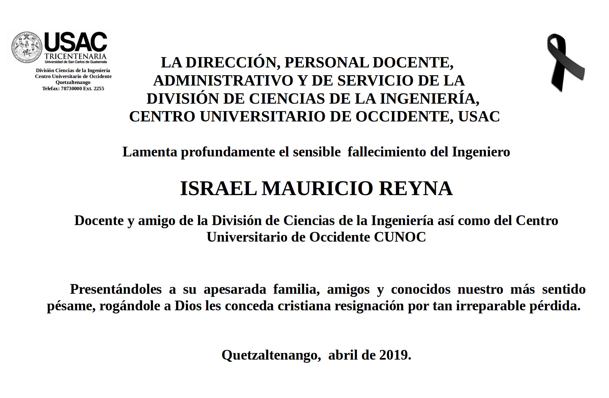 Esquela Ingeniero Israel Mauricio Reyna