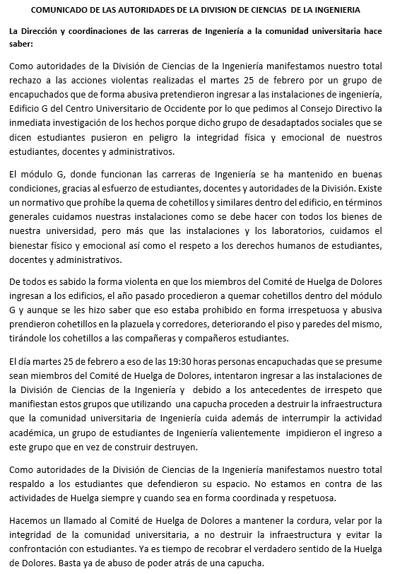 Comunicado de las Autoridades de la División de Ciencias de la Ingeniería